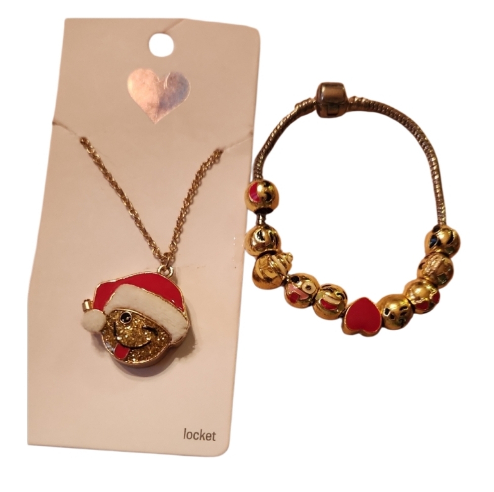 The Children's Place Gold Santa Emoji Locket And Emoji Beaded Chunky Bracelet
